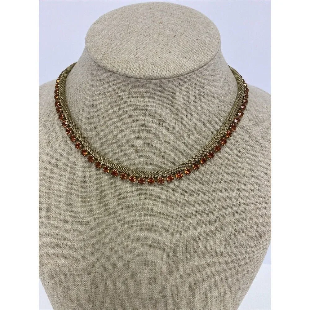 Weiss Gold Tone Mesh Amber Orange Rhinestone Necklace & Bracelet Set Vintage